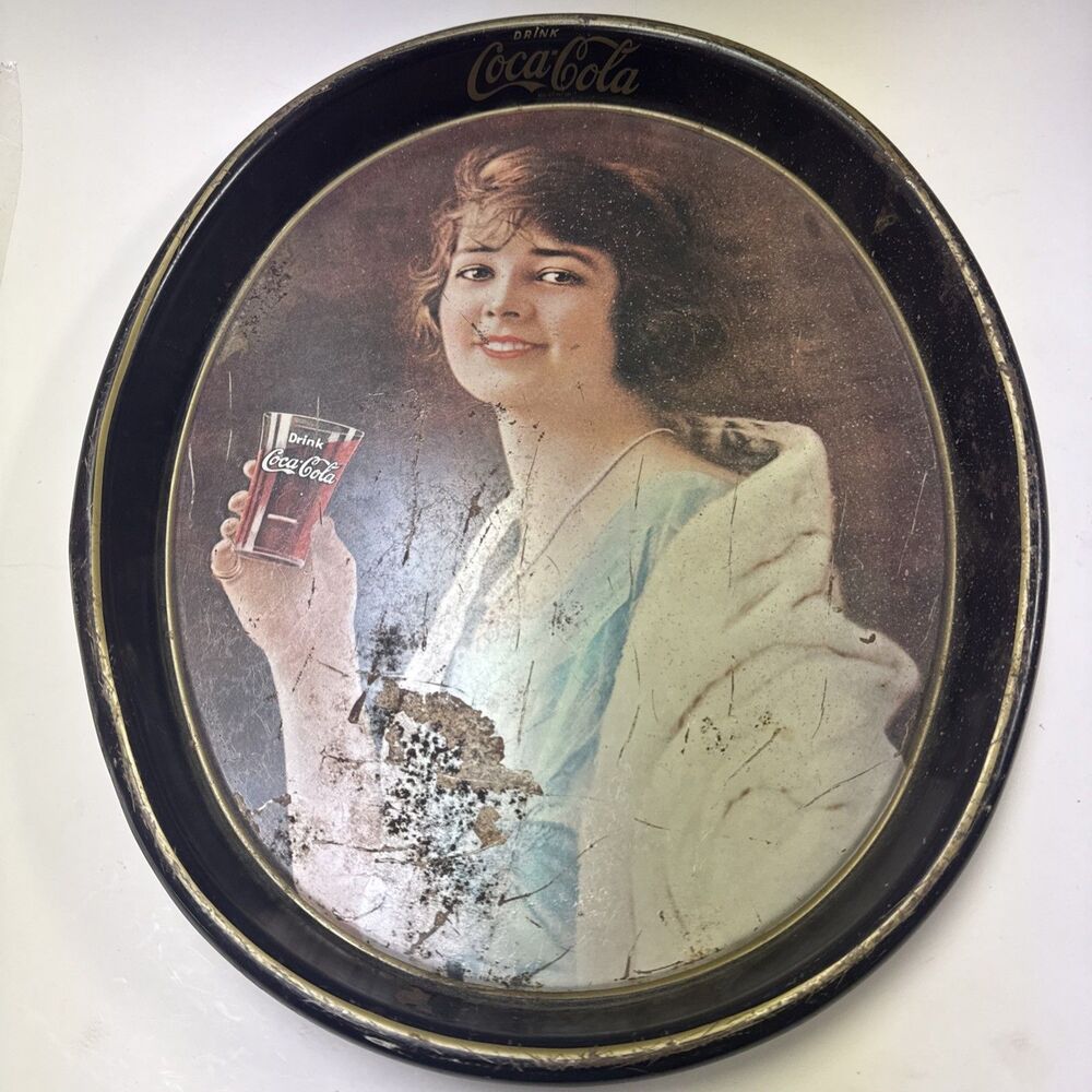 1983 oval Coca-Cola metal serving tray LADY IN BLUE DRESS reproduction 15x 12